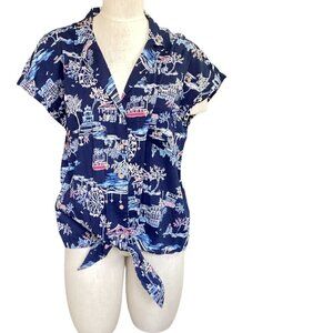 Old Navy Novelty Print Short Sleeve Button Front Tie Waist Top L 115K
